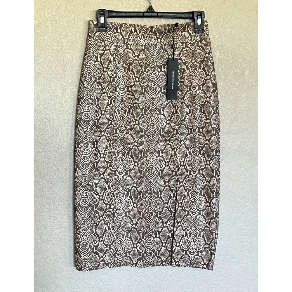 BCBGMAXAZRIA Womens Pencil Skirt XS Pink Gray Snake Print Knee Length Slit